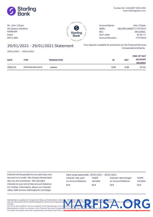 Downloadable United Kingdom Starling bank statement word real example